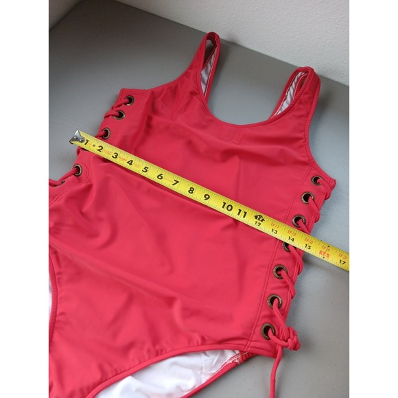 Vintage 80s Womens One Piece Swimsuit 12 Red High‎ Cut Sexy Baywatch Open Sides - Picture 9 of 12